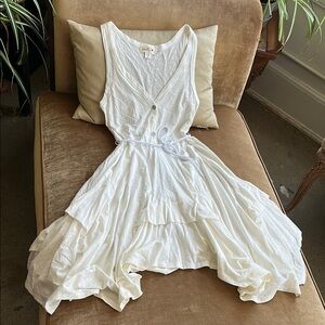 Full circle Asymmetrical Summer Dress New Off White color Natural fabric V front